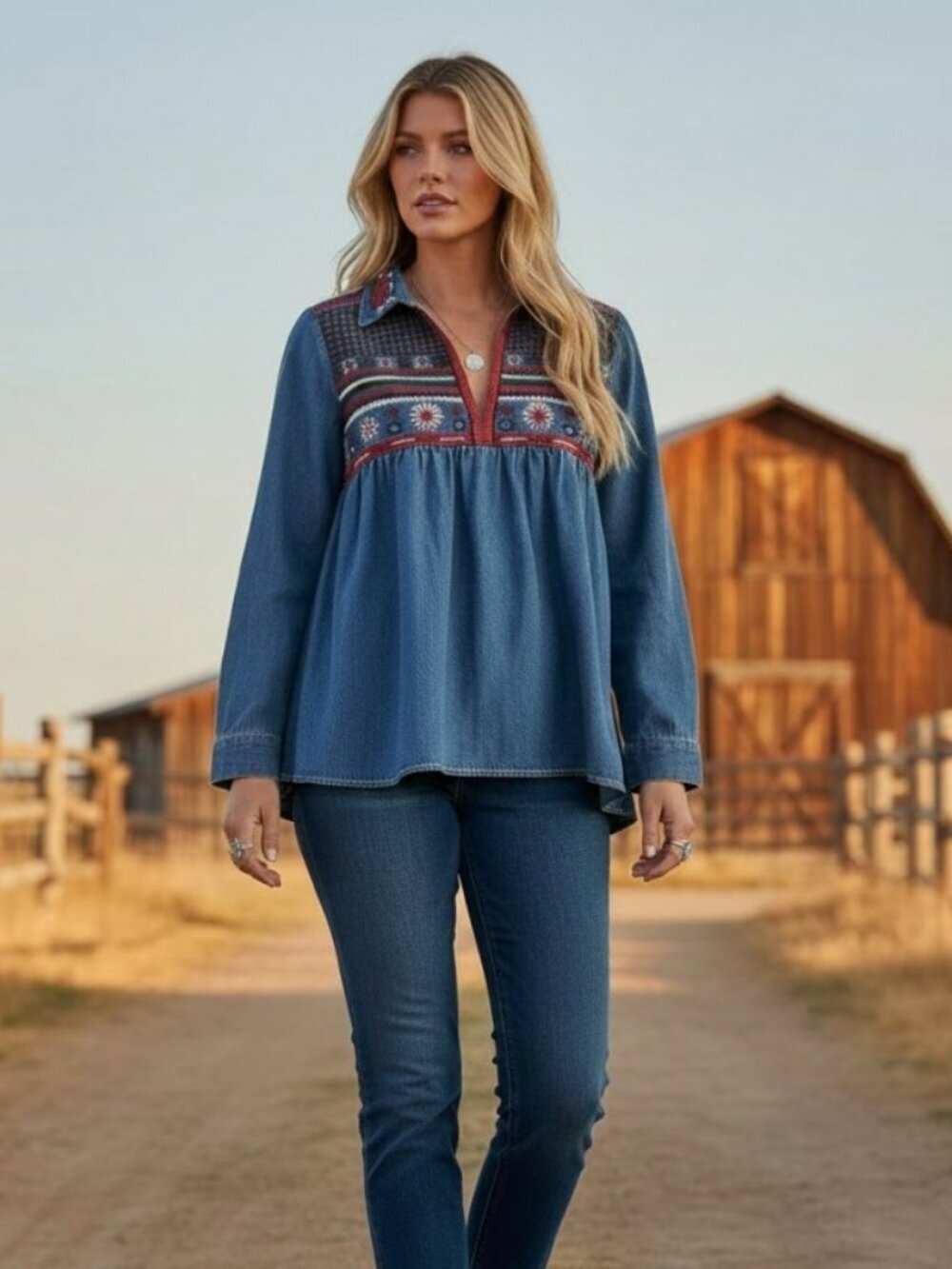 Alice + Olivia Karly Embroidered Denim Peasant Top Boho Blue Chambray